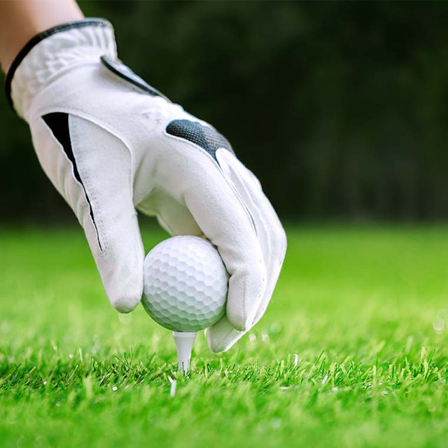 hand with glove placing a golf ball on a white golf tee